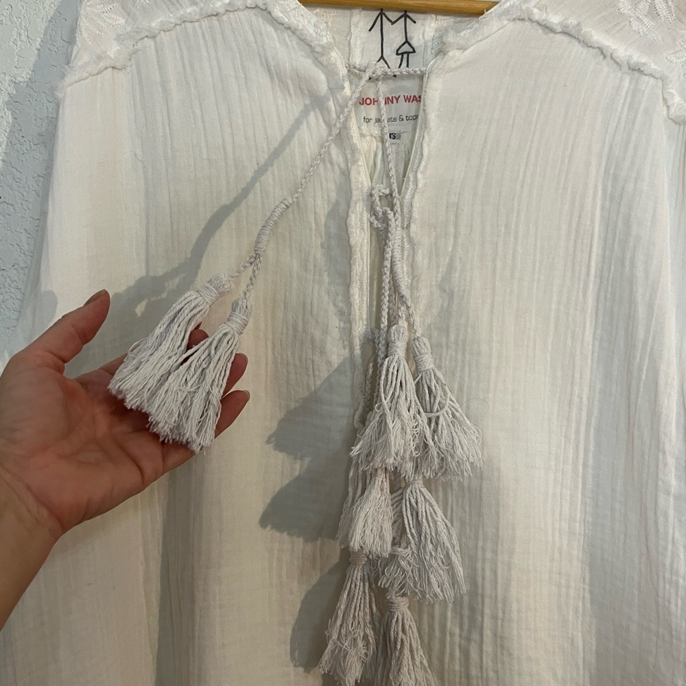 Johnny Was boho tassel tie cotton gauze embroidered tunic Gypsy Coastal Beach - Picture 3 of 11